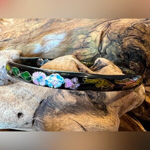 Chinese Cloisonné on Black Glass Bangle Floral Pink Gold Green Blue Large